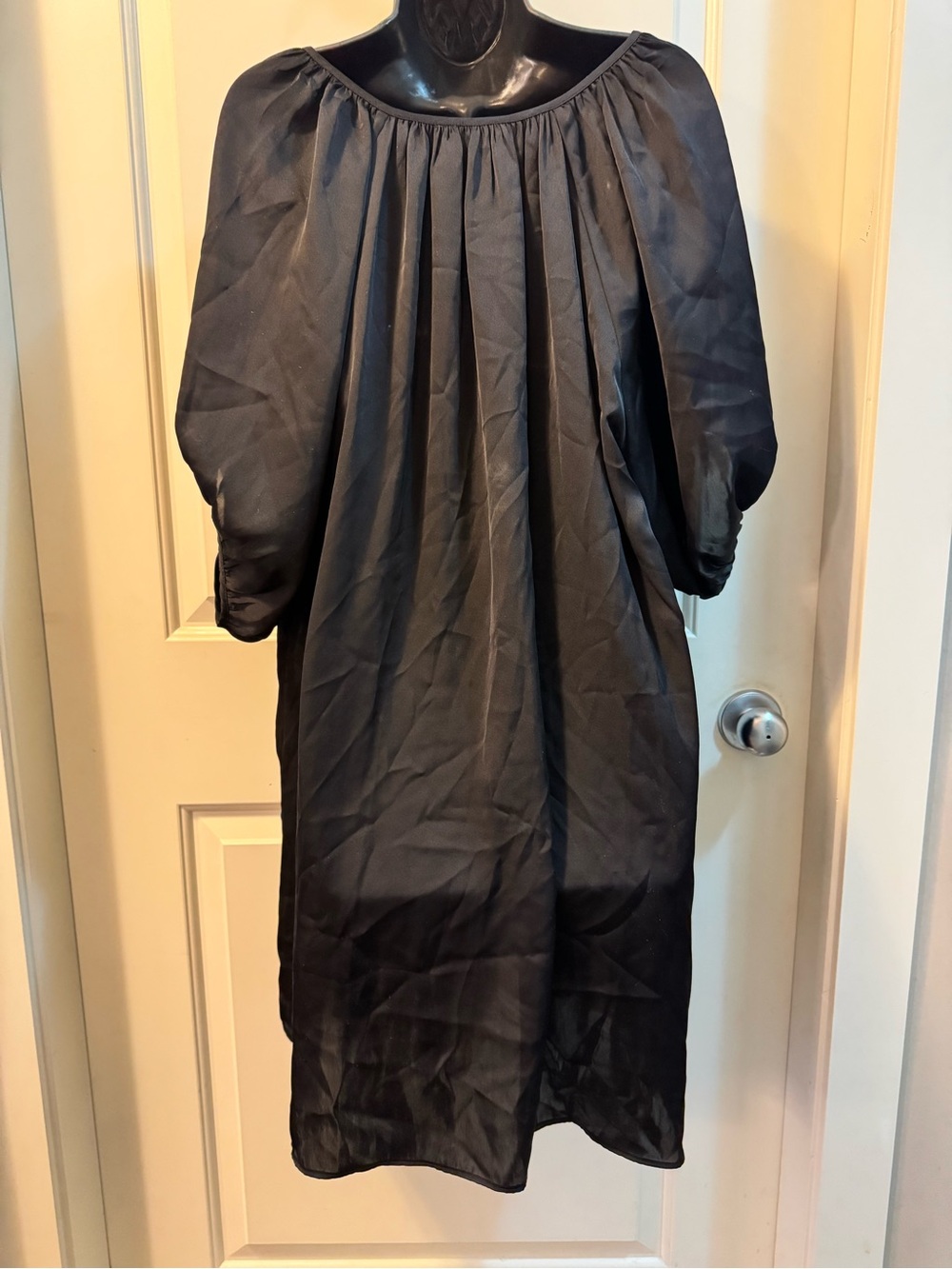 Black Satin-like Peasant Mini Dress Tie Puff Sleeve L-XL Day-Night Versatile - Picture 4 of 7